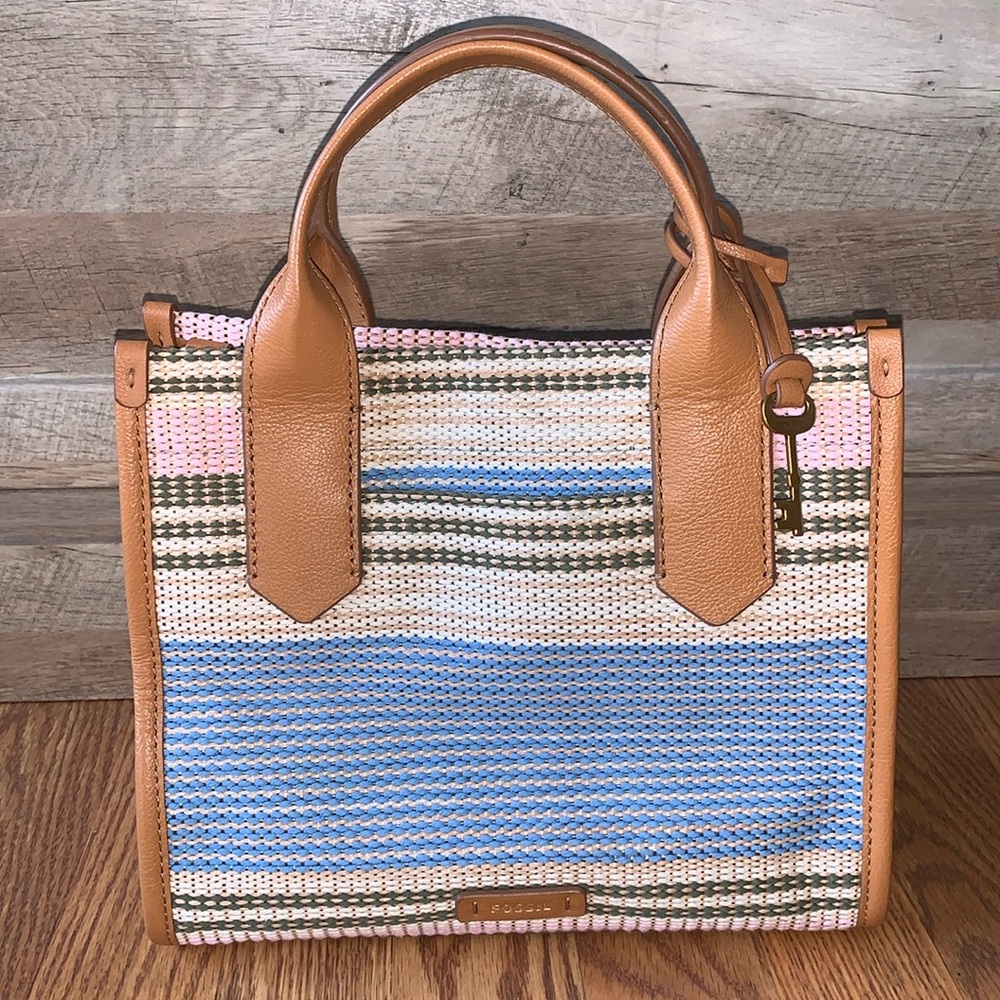 Fossil Blue and Pink Striped Tote